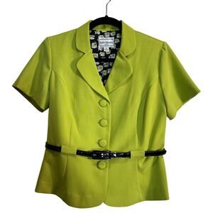 Karin Stevens Petites NWT Neon Green Black Belted Short Sleeve Blazer Size 12P